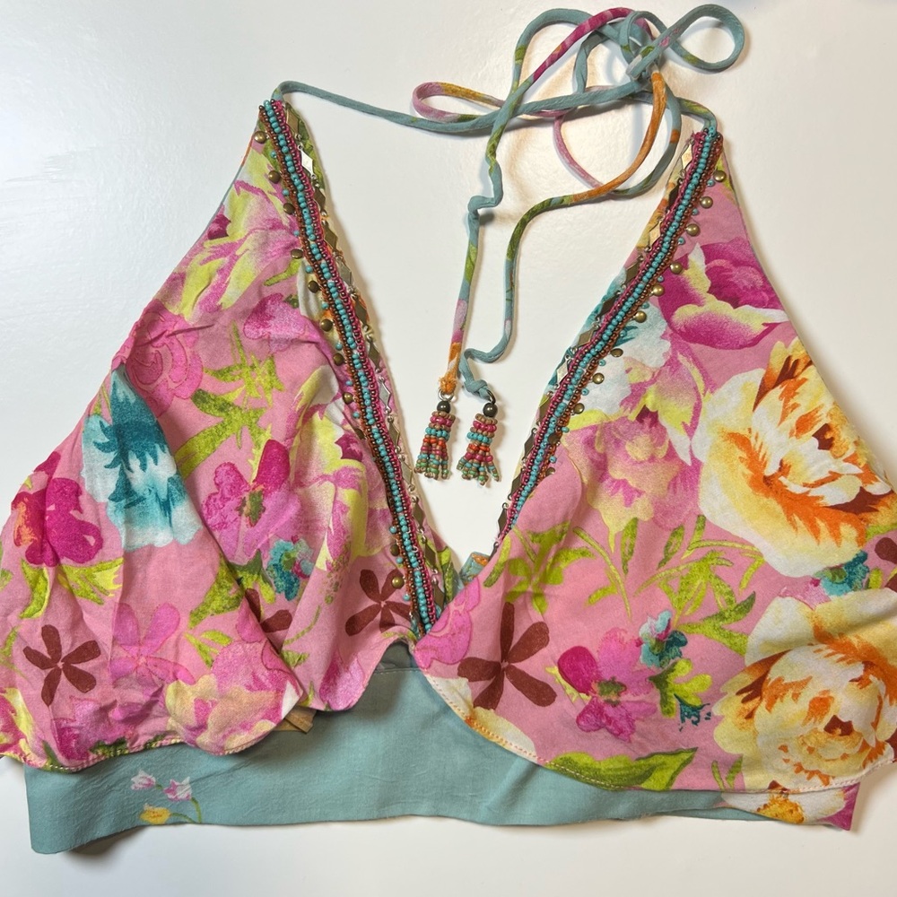 [FARM Rio] Beaded Floral Halter Top